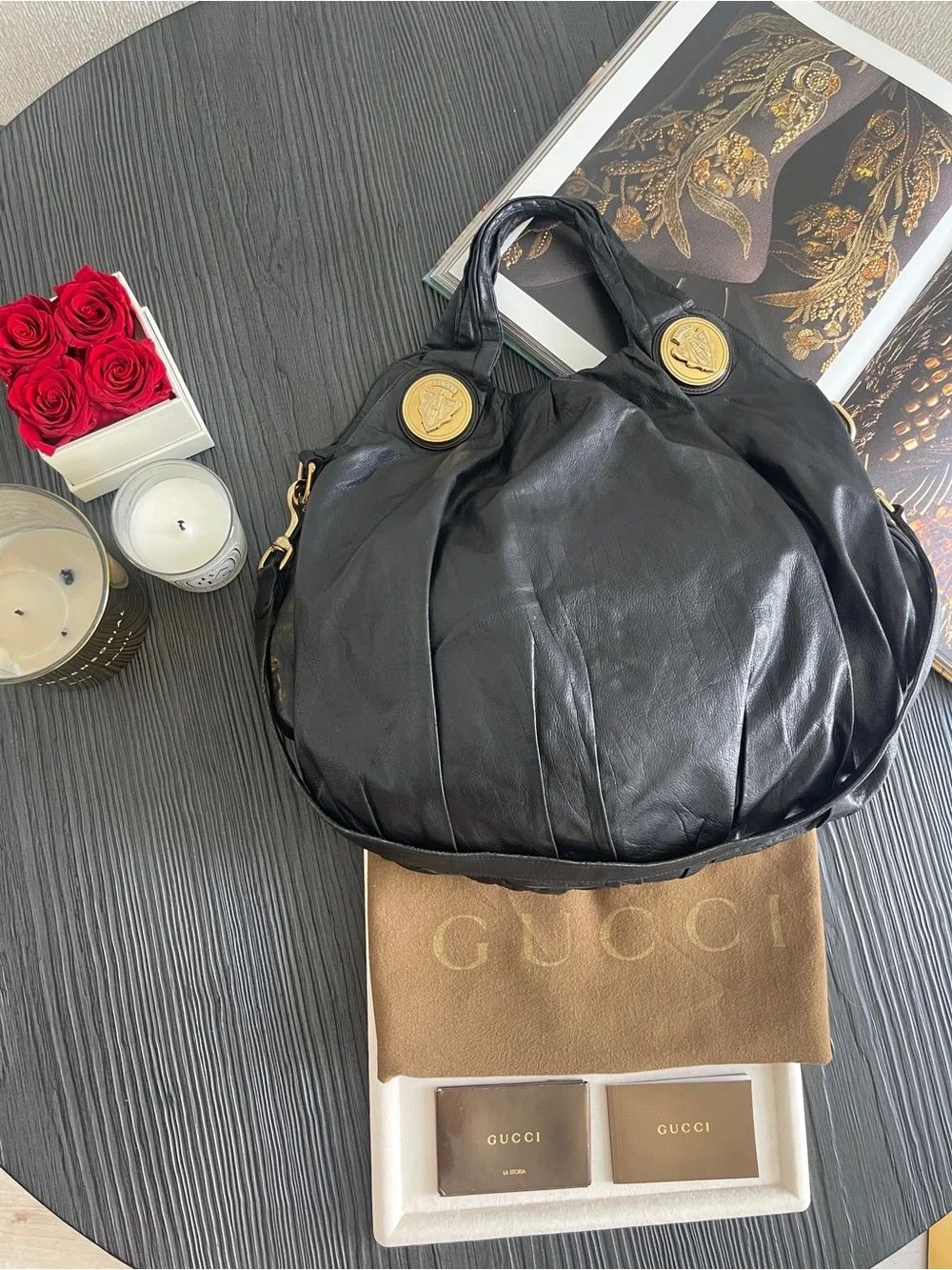 Gucci Hysteria Large Hobo Bag Black Leather Floral Embroidered Vintage $4500